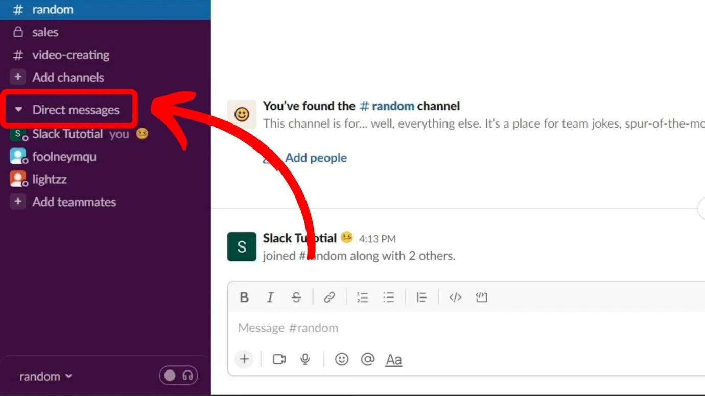 Mute Someone on Slack - Go to Direct Messages